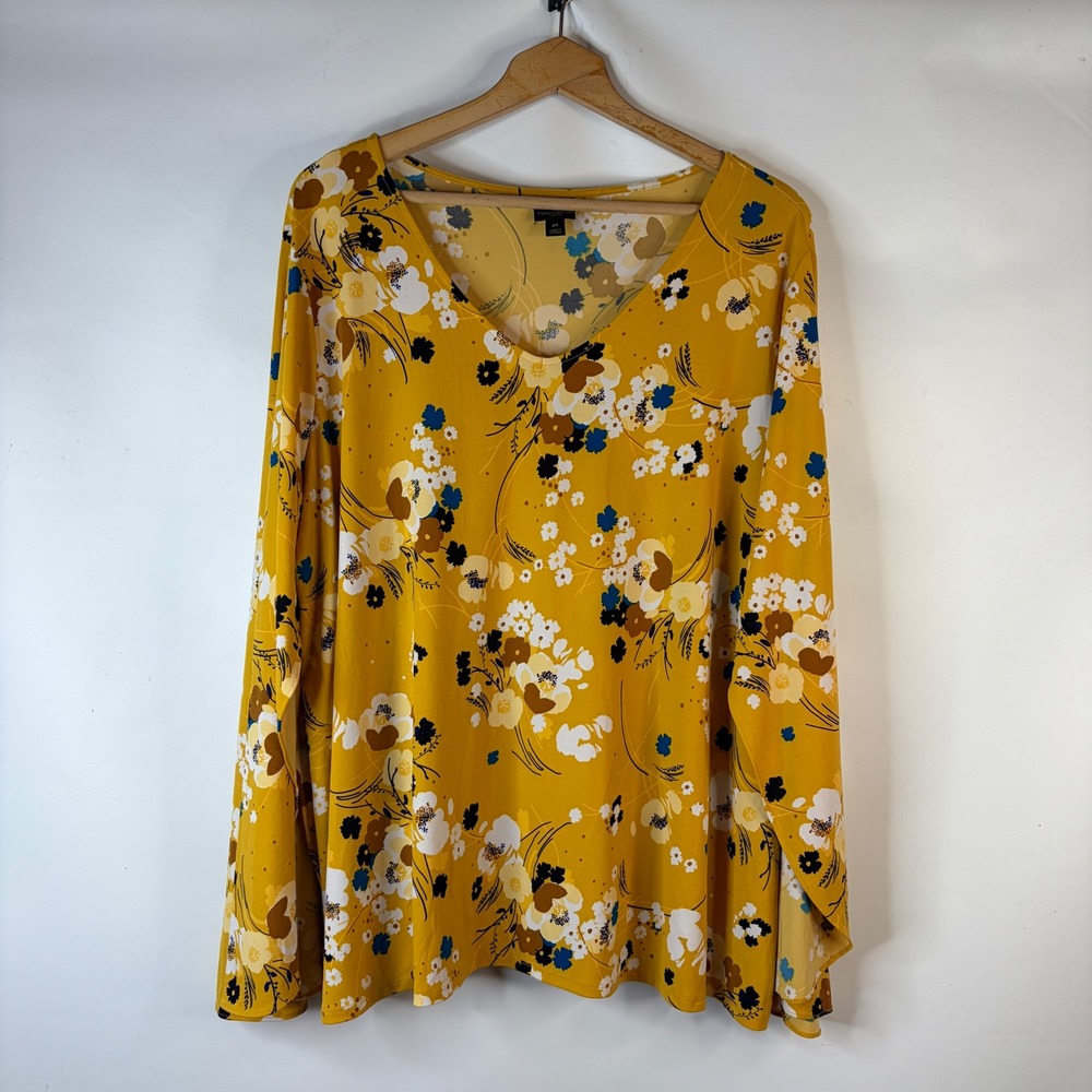 Worthington Woman Blouse Women 2X Yellow Floral V-Neck Split Bell Sleeve Top